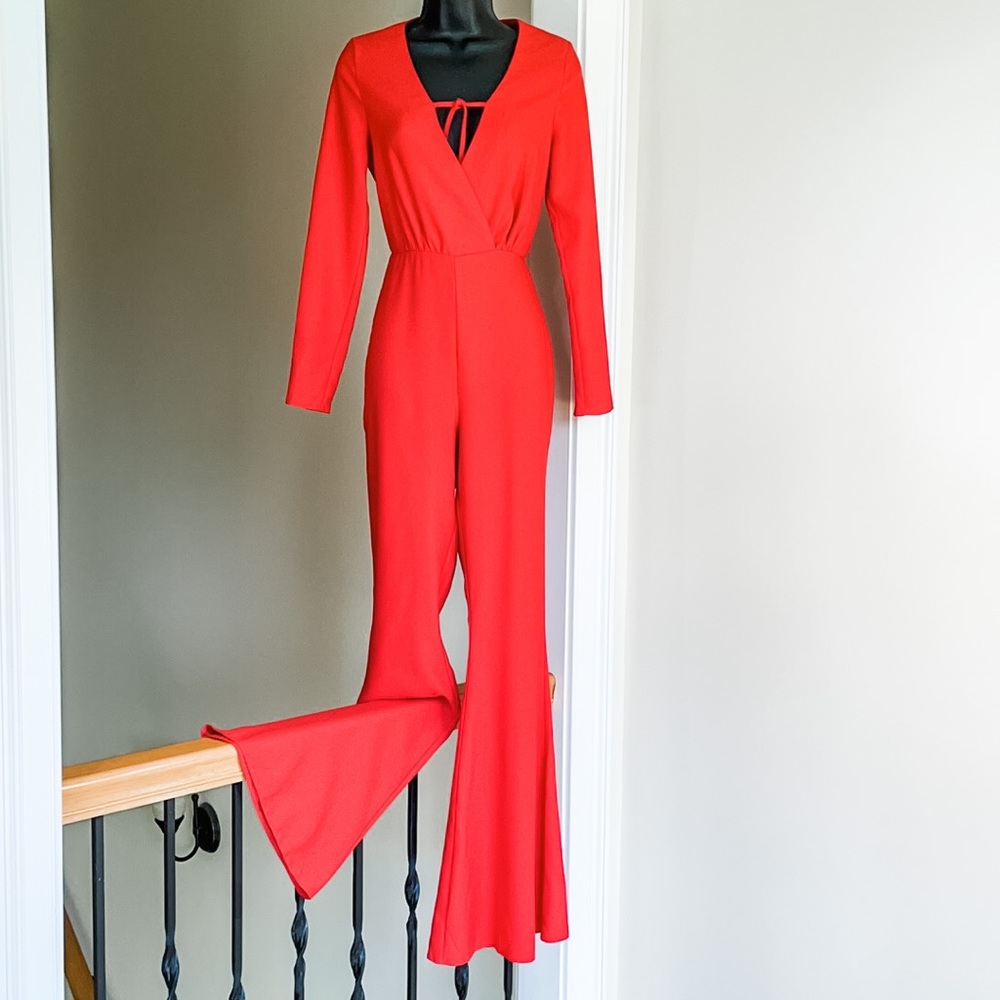 Misguided sz 4 red jumpsuit no stretch long sleeve